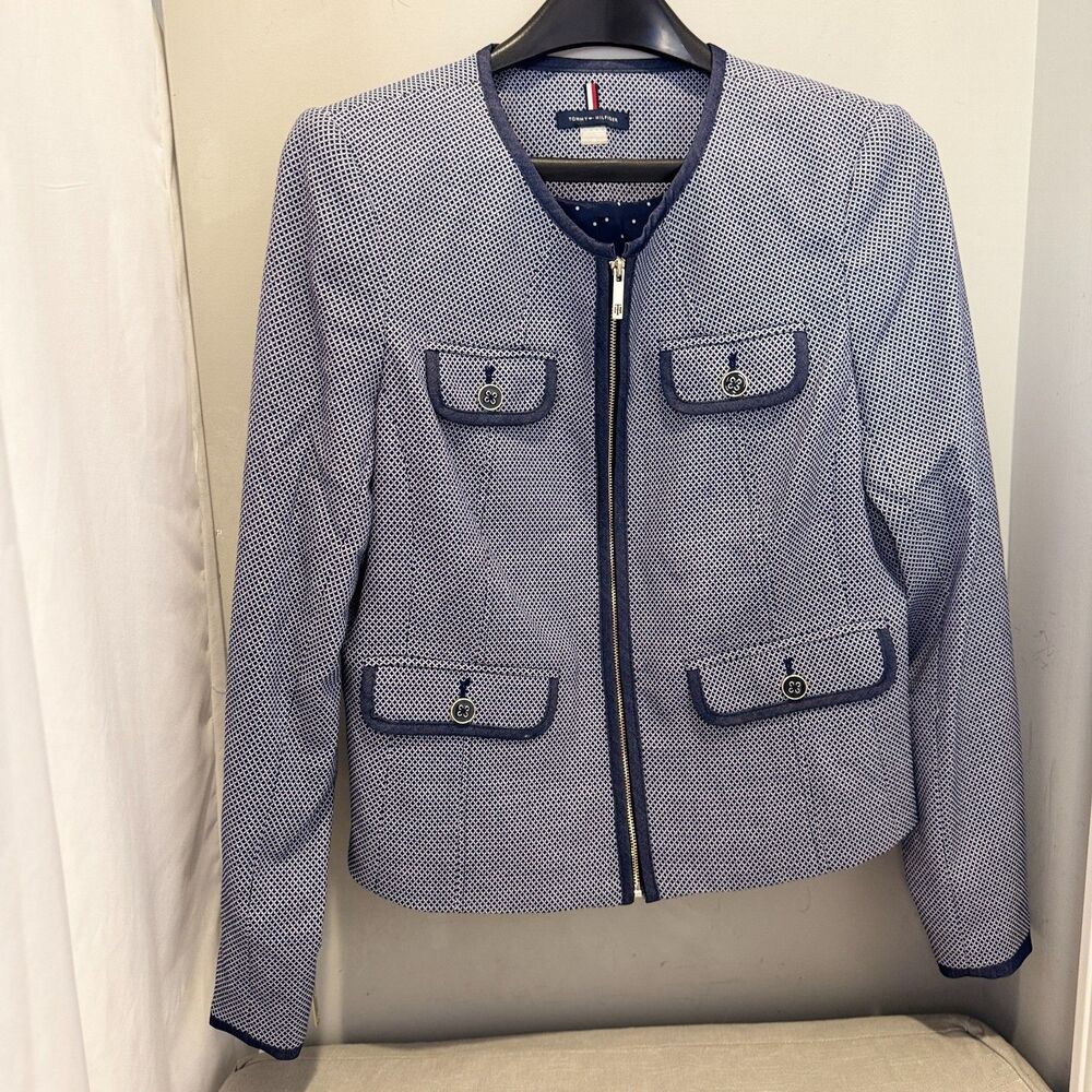 Tommy Hilfiger Womens Size 12 Navy White Zip Up Suit Jacket Lined
